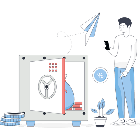 Man saving cash money in locker  Illustration