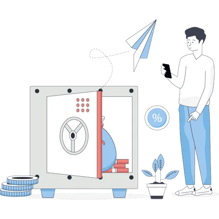 Man saving cash money in locker  Illustration