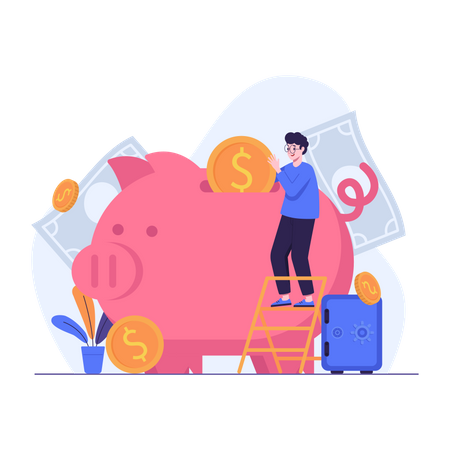 Man saving coins in a piggy bank  Illustration