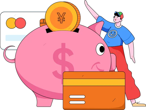 Man saving Credit in piggy bank  Illustration