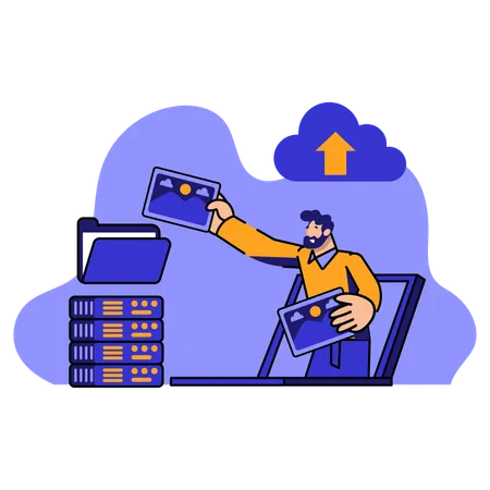 Man saving Documents on clouds server  Illustration