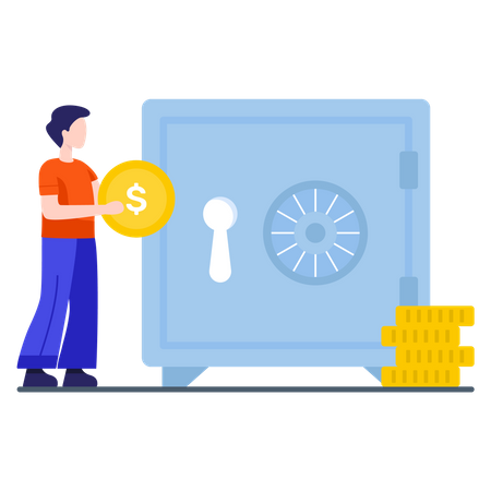 Man saving his money in safe vault  Illustration