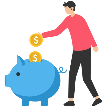 Man saving money and putting coins in Piggy bank  Illustration