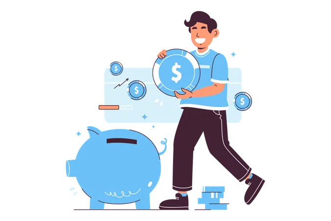 Illustration Of A Young Man Depositing A Symbolic Large Coin Into A Piggy Bank Representing The Concept Of Saving Money For Future Financial Goals Illustration