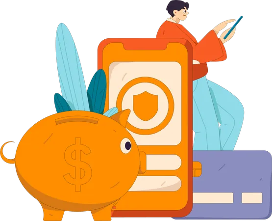 Man saving money in piggy bank  Illustration