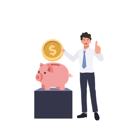 Man saving money in piggy bank Illustration