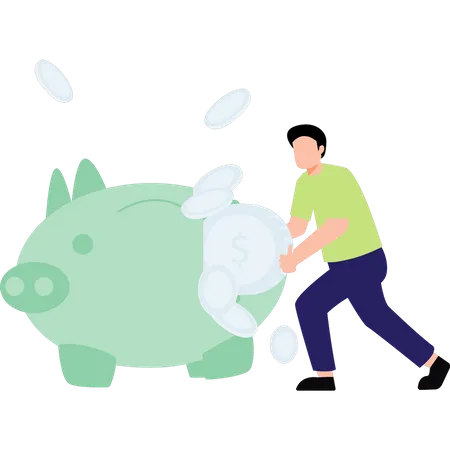 Man saving money in  piggy bank  Illustration