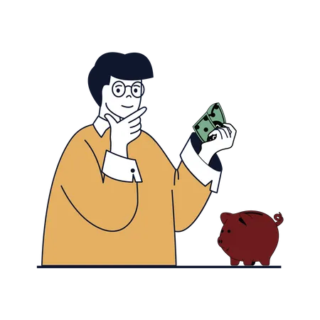 Man saving money in piggy bank  Illustration