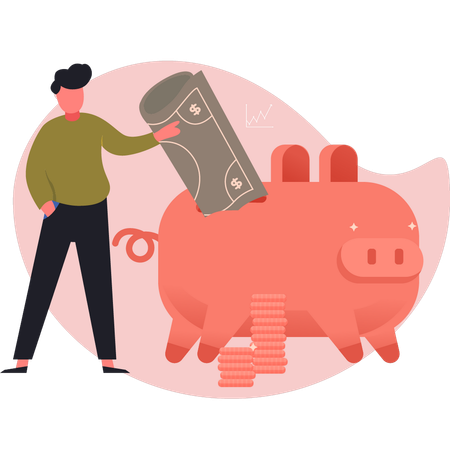 Man saving money in piggy bank  Illustration