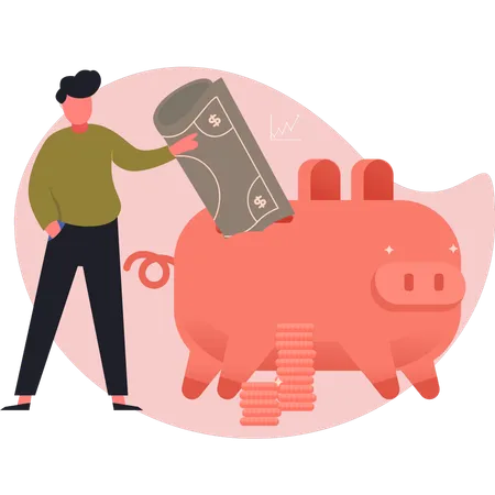 Man saving money in piggy bank  Illustration