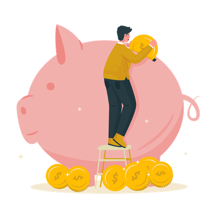 Man saving money in piggy bank  Illustration