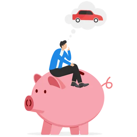 Saving Money To Buy A New Car Expense Or Budget For Car Maintenance Service Debt Or Car Loan Concept Businessmen Sit In The Piggy Bank And Think To Buy Car Illustration