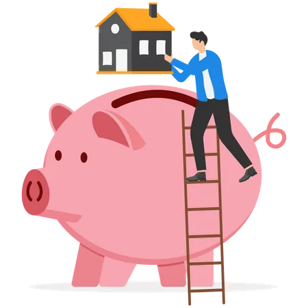 Saving For A House Mortgage Or Housing Loan Collecting Money For A Down Payment Concept A Human Man Holding A Warm Family House Inserted Into A Pink Piggy Bank 일러스트레이션