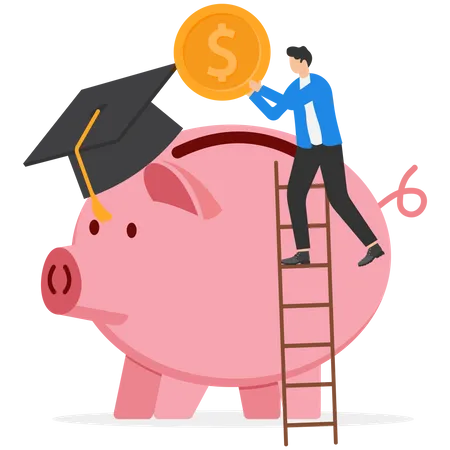 School Or Education Fund Financial Planning For Kid School Or College Budget And Scholarship Concept Cute Girl Holding Big Coin Putting In Pink Piggy Bank Wearing Eyeglasses And Graduation Cap 일러스트레이션
