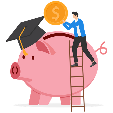 Man savings money in piggy bank for education  Illustration