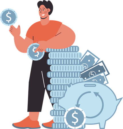 Man savings money in piggy bank  Illustration