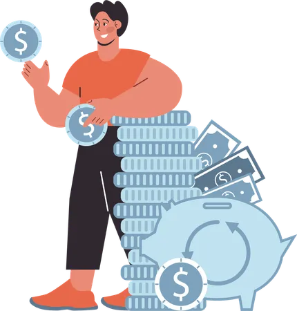 Man savings money in piggy bank  Illustration