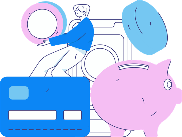 Man savings money in piggy bank  Illustration