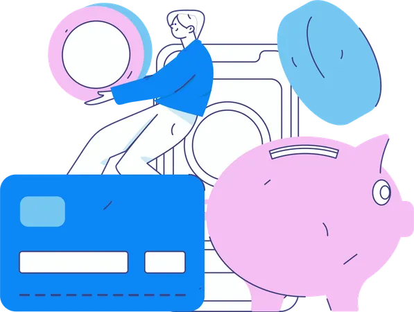 Man savings money in piggy bank  Illustration