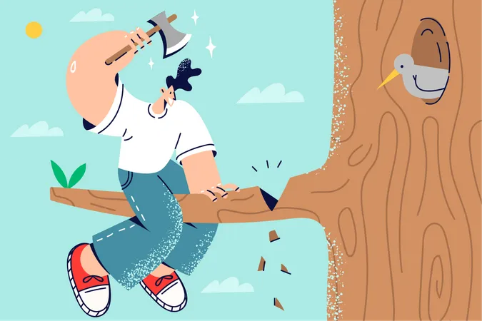 Man sawing off the branch that supports him  Illustration