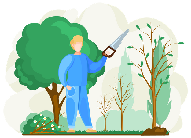 Man sawing plant with hand saw Illustration