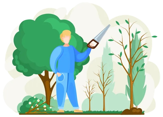 Man sawing plant with hand saw  Illustration