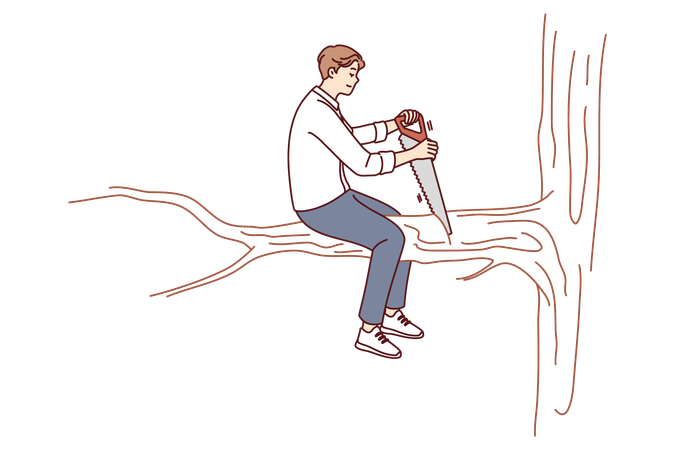Man saws tree branch on which he is sitting  Illustration