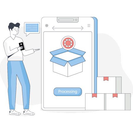 Man scanning a box with his phone focused on the screen while standing in a well-lit environment  Illustration