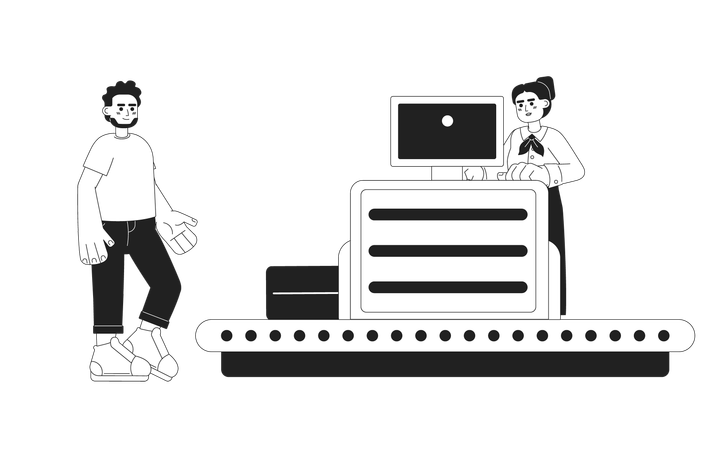 Man scanning baggage at airport Illustration