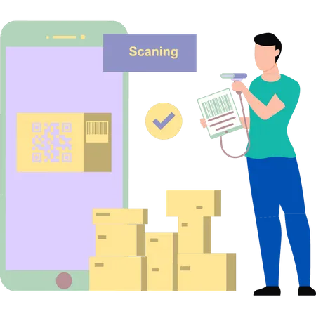 Man scanning barcode of boxes  Illustration