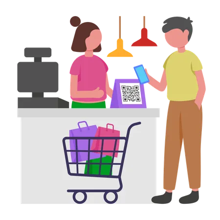 Man Scans at shopping counter to Pay  Illustration