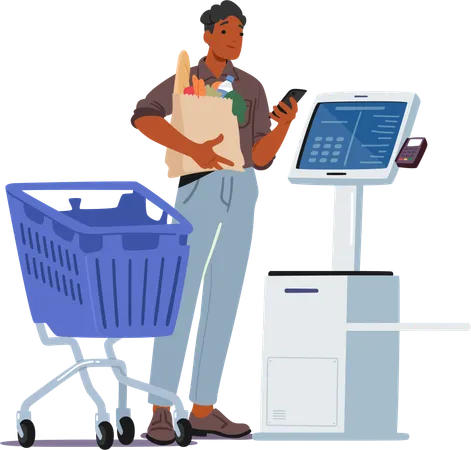 Man Character Shops For Groceries Selects Items Scans At Self Service Terminal Bags Full Of Purchases Efficient Routine Streamlines The Shopping Process Cartoon People Vector Illustration Illustration