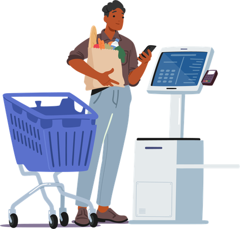 Man Scans groceries At Self-service Terminal  Illustration