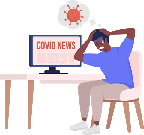 Man Scared Of Covid News Semi Flat Color Vector Character Sitting Figure Full Body Person On White Simple Cartoon Style Illustration For Web Graphic Design And Animation Bebas Neue Font Used Illustration