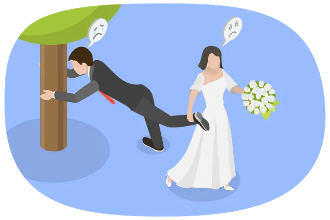 3 D Isometric Flat Vector Illustration Of Fear Of Commitment Man Scared Of Marriage Illustration