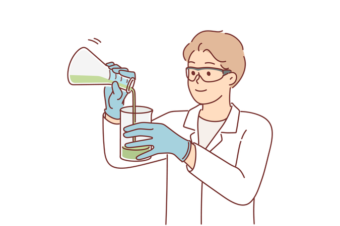 Man scientist holds flasks with chemical reagents  Illustration