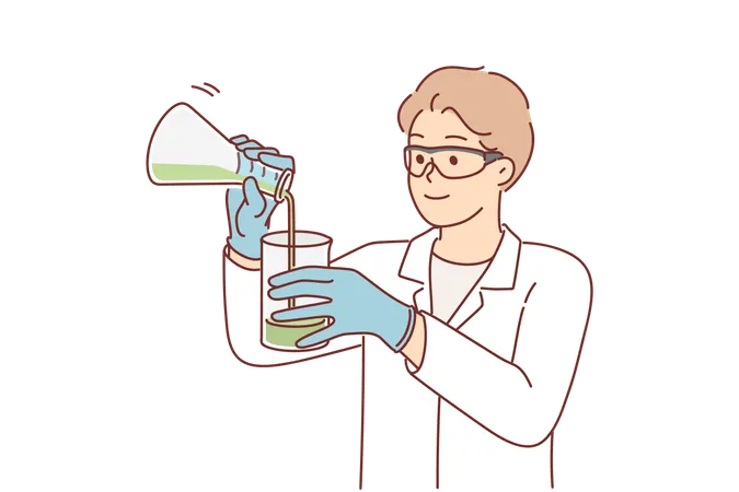 Man Scientist Holds Flasks With Chemical Reagents And Studies Reaction Of Substances When Mixed Guy Scientist Works In Biological Laboratory And Conducts Experiments In Field Of Biotechnology Illustration