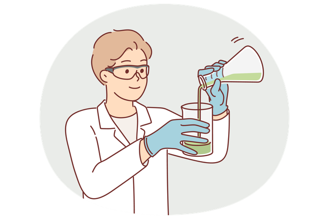 Man scientist holds flasks with chemical reagents and studies reaction of substances when mixed  Illustration