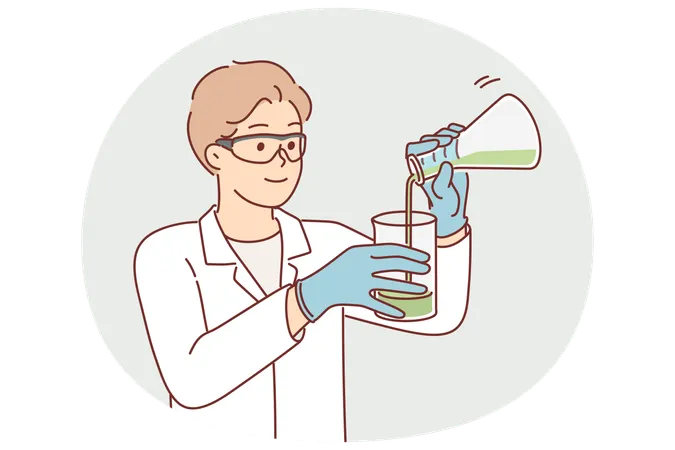 Man scientist holds flasks with chemical reagents and studies reaction of substances when mixed  Illustration