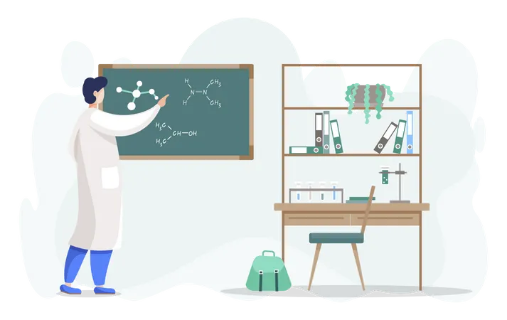 Scientist Conducting Research Writing Down Molecular Formula Elements On Blackboard Researcher In Laboratory Workplace Of Male Chemist Interior Design Of Office Or Lab Vector In Flat Style Illustration