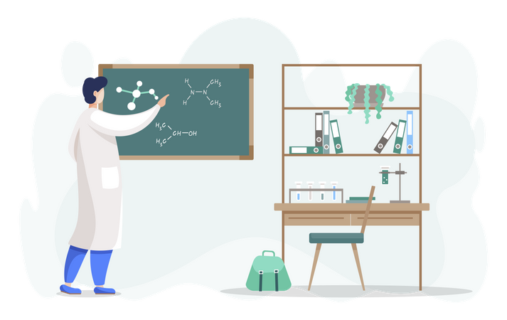 Man Scientist in Laboratory Writing on Blackboard  Illustration