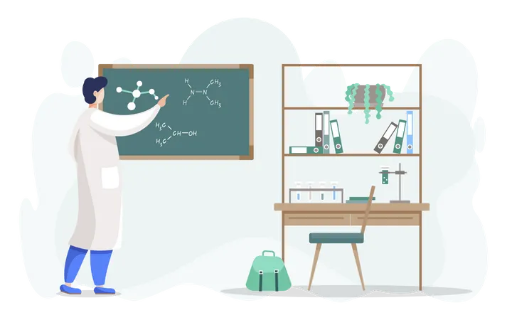 Man Scientist in Laboratory Writing on Blackboard  Illustration