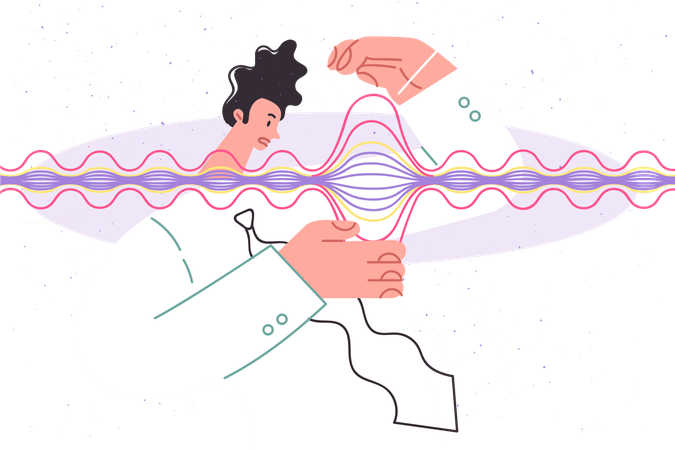 Man scientist looks at gravitational wave with confused face  Illustration