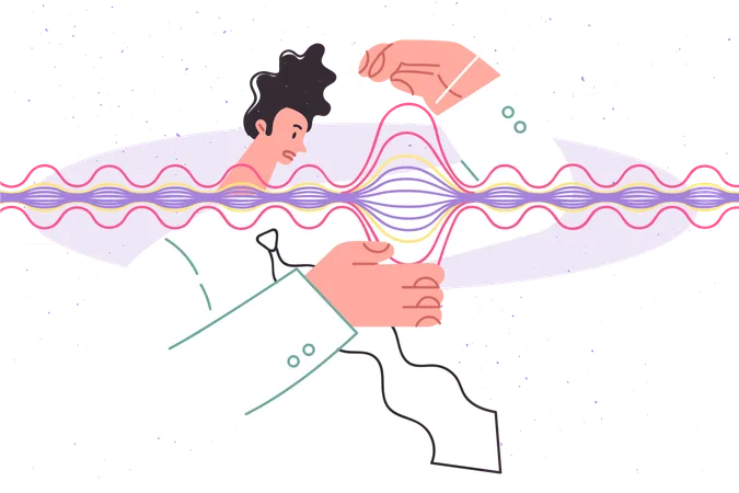 Man scientist looks at gravitational wave with confused face  Illustration