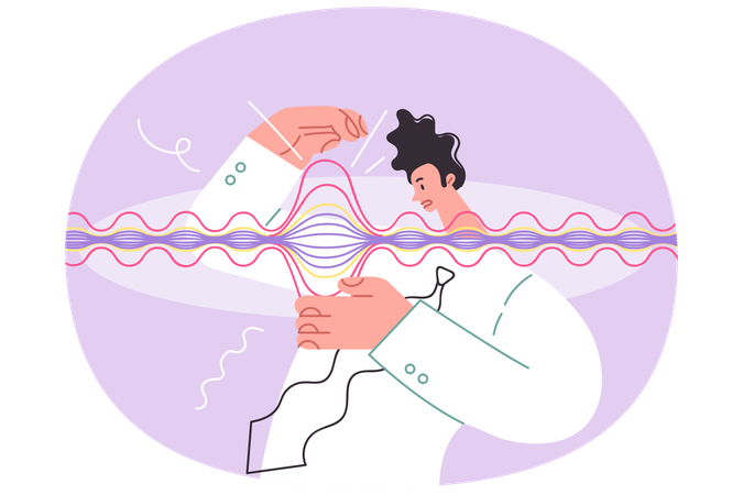 Man scientist looks at gravitational wave with confused face studying science of physics  Illustration
