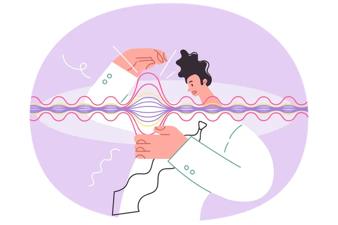 Man scientist looks at gravitational wave with confused face studying science of physics  Illustration