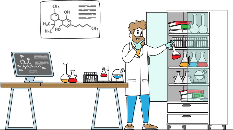 Man Scientist Wearing White Coat Conducting Experiments in Science Laboratory Illustration