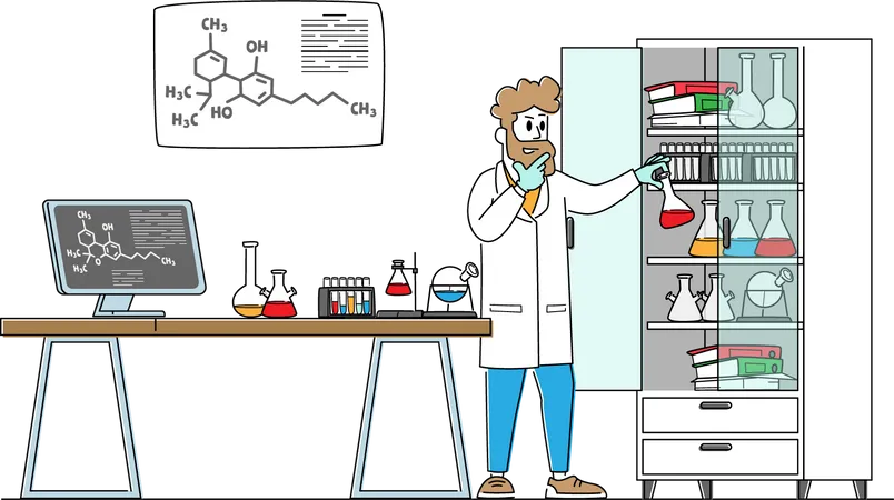 Man Scientist Wearing White Coat Conducting Experiments in Science Laboratory Illustration