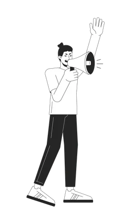 Man Screaming In Megaphone Flat Line Black White Vector Character Aggressive Speech Editable Outline Full Body Person Protest Simple Cartoon Isolated Spot Illustration For Web Graphic Design Illustration