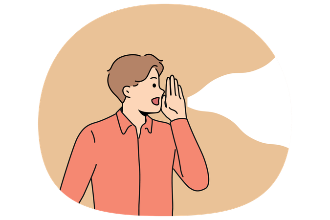 Man screams loudly putting hand to mouth instead of gramophone to communicate important information  Illustration